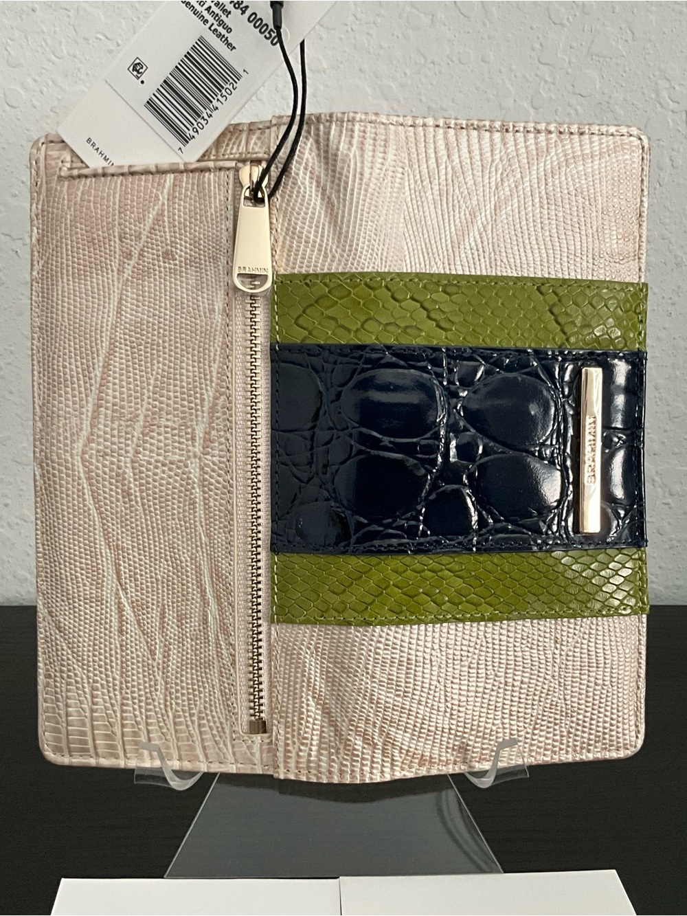 Brahmin Ady MULTI ANTIGUO Multi Leather Slim Wallet Beige Green Navy Blue NWT